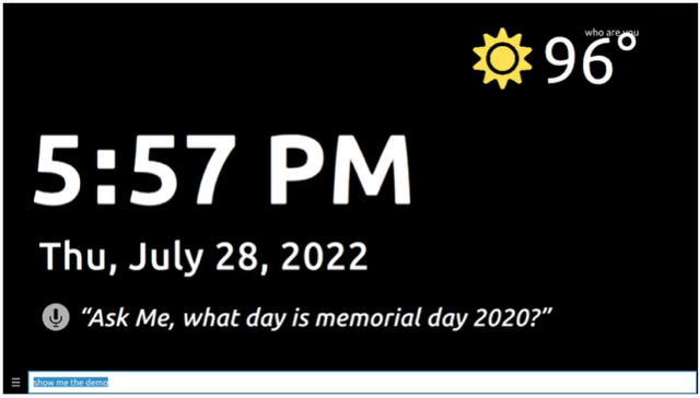 Neon AI Skill Demo - showing the time, and weather, and "Ask me, what day is memorial day 2020?"
